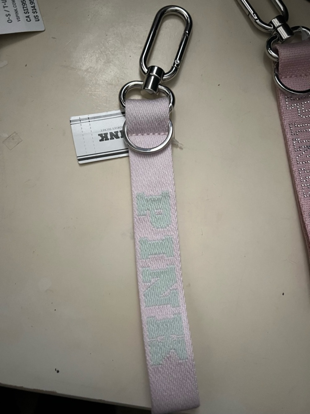 Pink Victoria secret Pale Pink Woven Key Strap with Mint Logo
